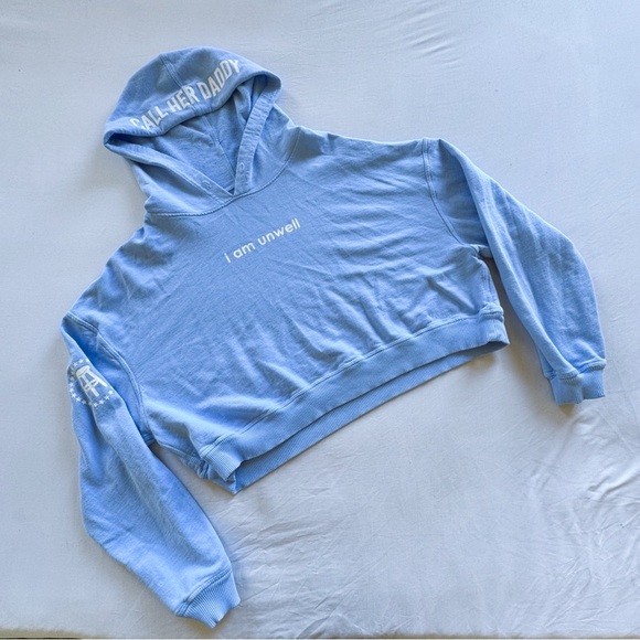 barstool sports Tops - Barstool Chicks Call Her Daddy I Am Unwell Cropped Blue Hoodie Womens Sz Large